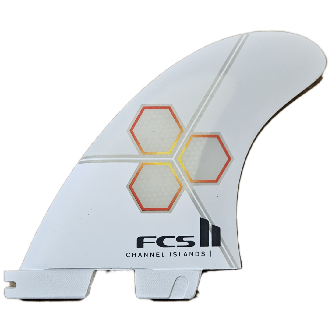 FCS II CHANNEL ISLAND PC MEDIUM WHITE/FLAME TRI-QUAD FINS NEW